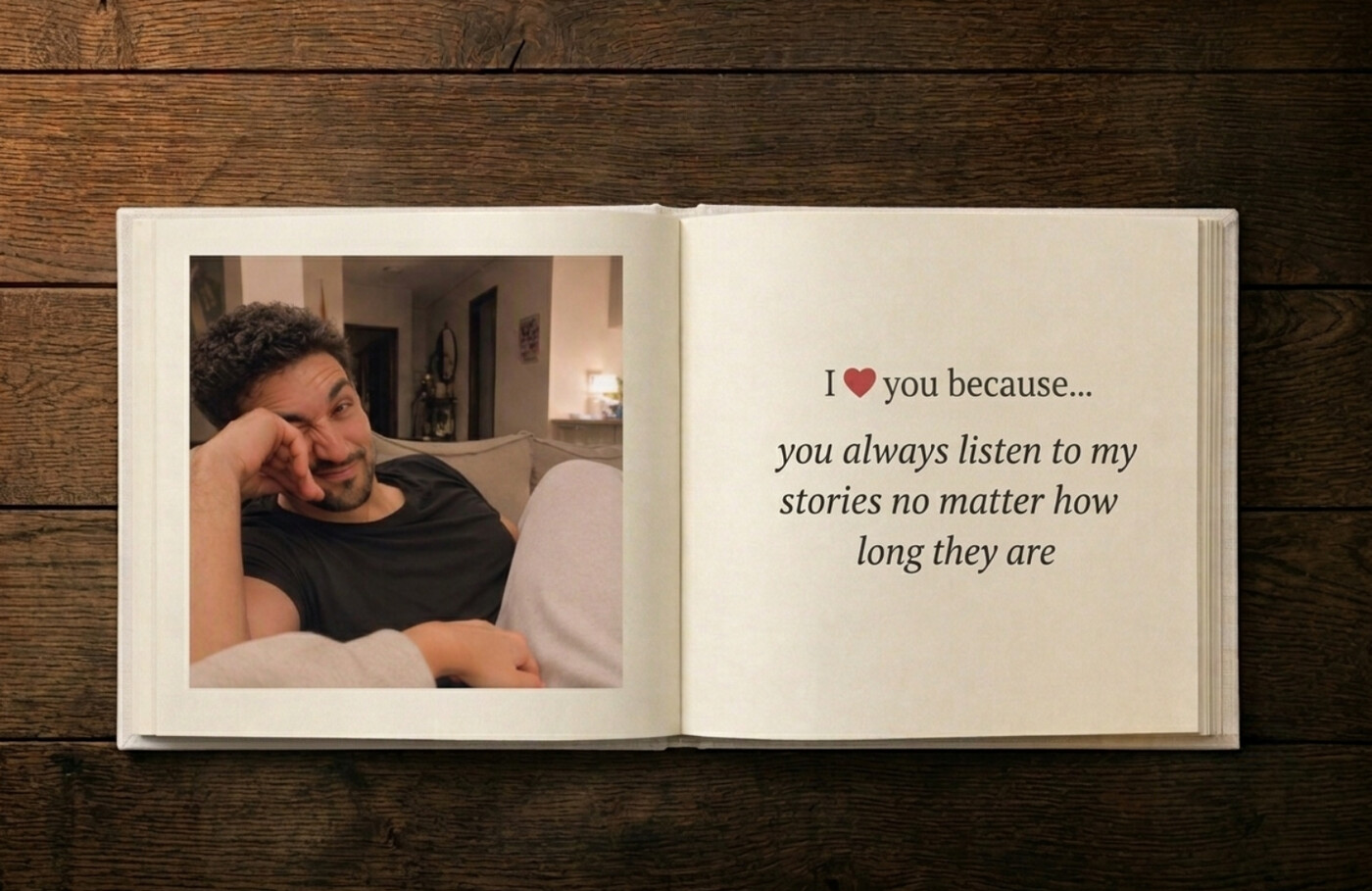 Open book page: a man on a couch, reason reads you always listen to my stories no matter how long they are
